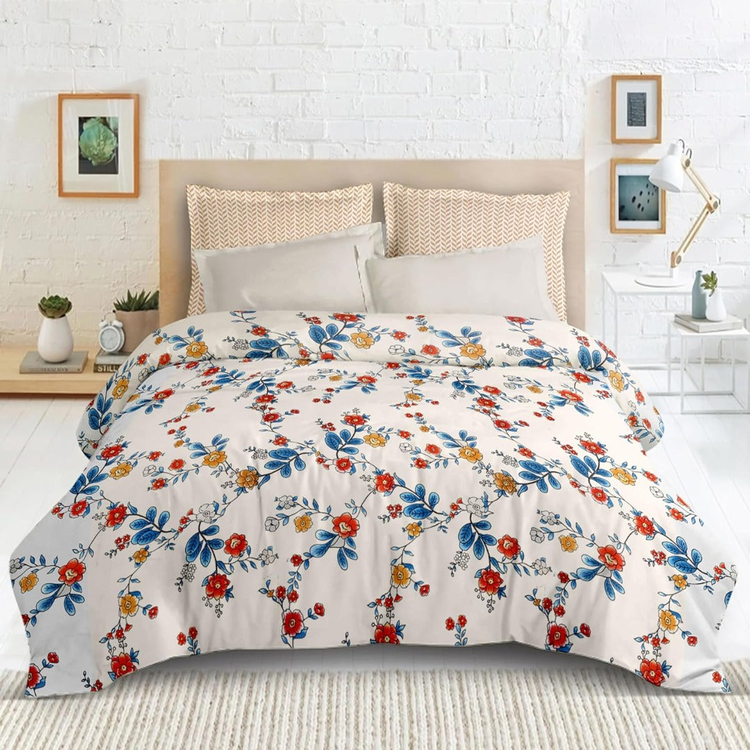 Blossom glace cotton printed double bedsheet in floral cream print