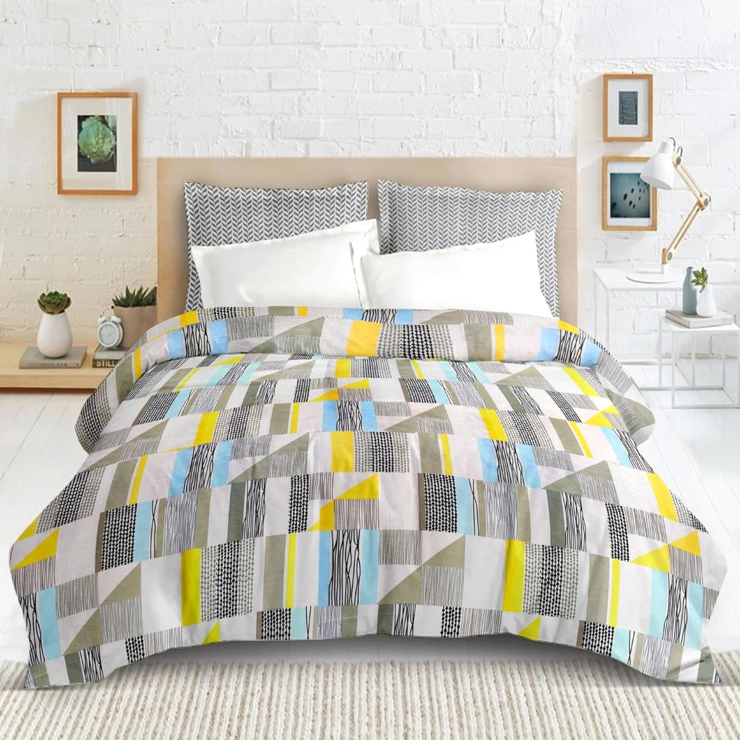 Blossom glace cotton printed double bedsheet in grey geometric print on bed