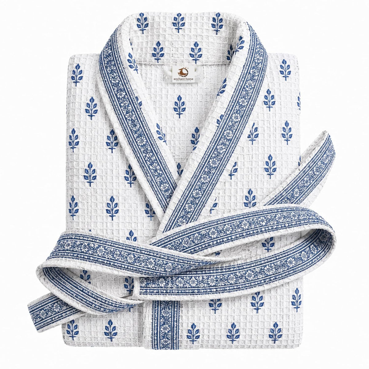 Premium print cotton rich waffle robe in indigo buti print