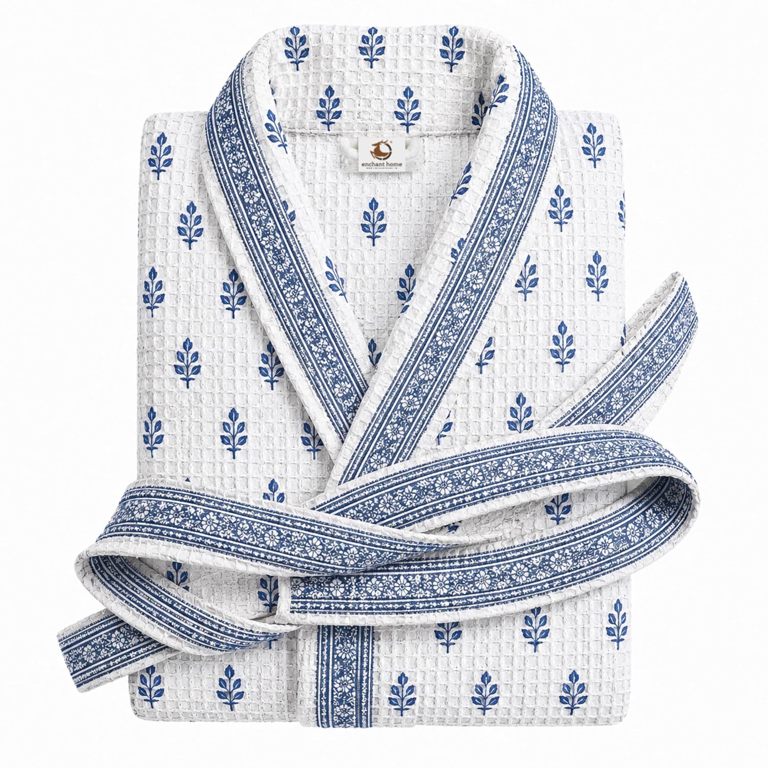 Premium print cotton rich waffle robe in indigo buti print