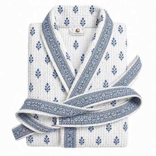 Premium Print Cotton Rich Waffle Robe for Men & Women - Indigo Buti