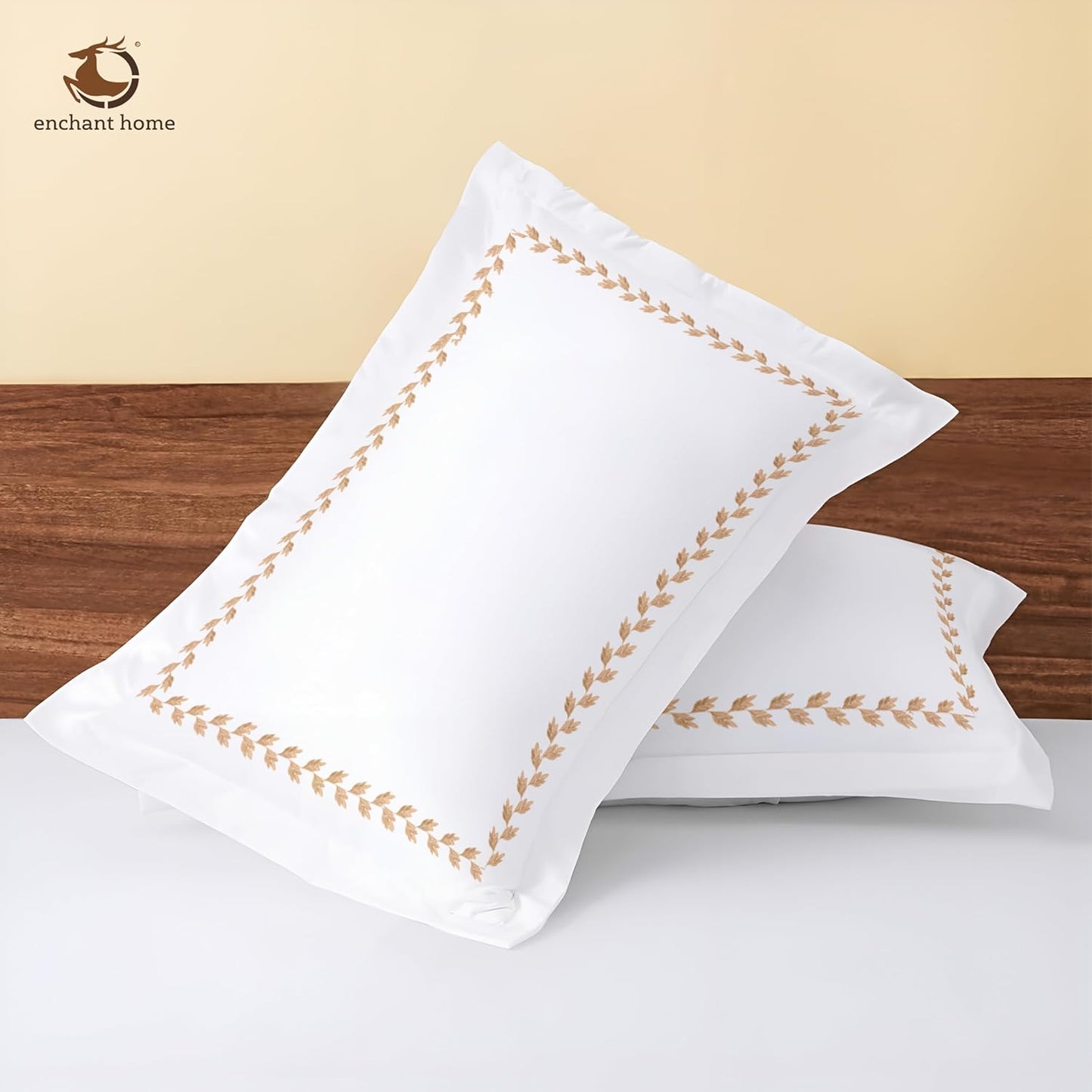 Pure Cotton 500 TC Premium Pillow Cover Set - Golden Leaflets