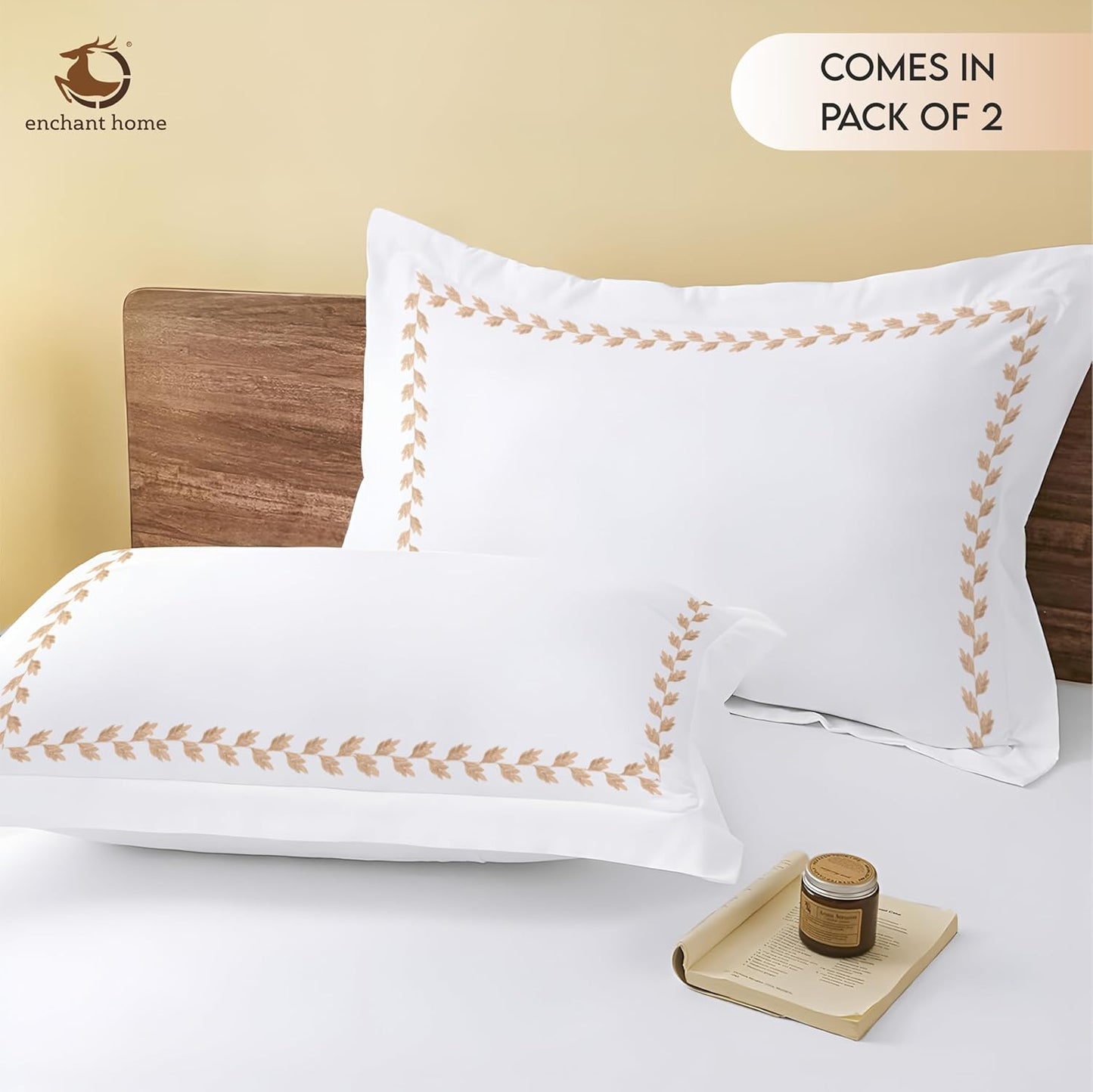 Pure Cotton 500 TC Premium Pillow Cover Set - Golden Leaflets