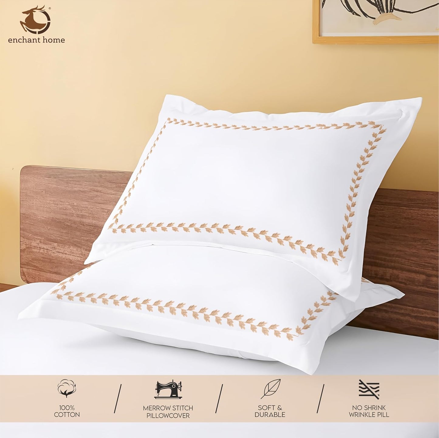Pure Cotton 500 TC Premium Pillow Cover Set - Golden Leaflets