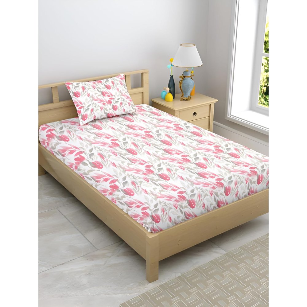 Satin Glory 200 TC pure cotton single bedsheet in pink on a bed