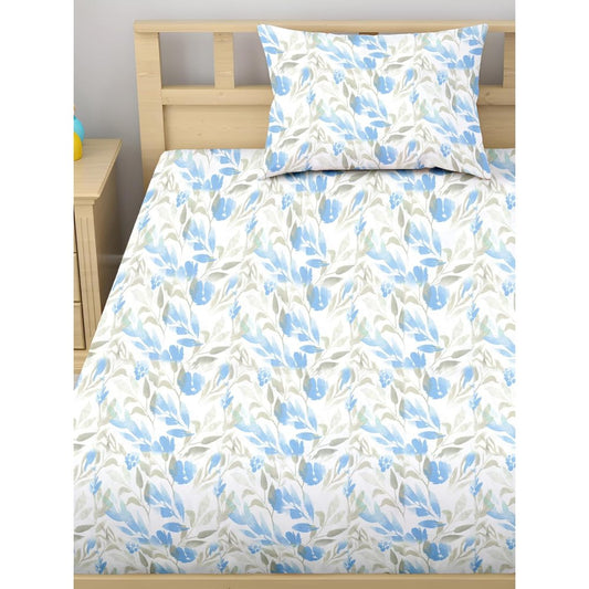 Satin Glory Pure Cotton Single Bedsheet  - Sky Blue Leaflets