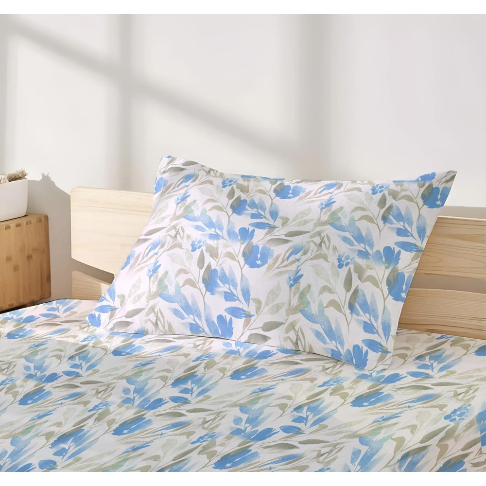 Sky blue leaflets Satin Glory single bedsheet print close-up