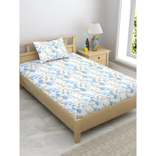 Satin Glory Pure Cotton Single Bedsheet  - Sky Blue Leaflets