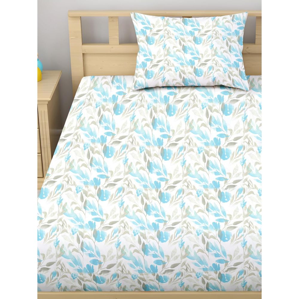 Satin Glory 200 TC Pure Cotton Single Bedsheet  - Blue Leaflets