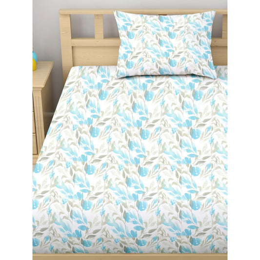 Satin Glory 200 TC Pure Cotton Single Bedsheet  - Leafy Blue