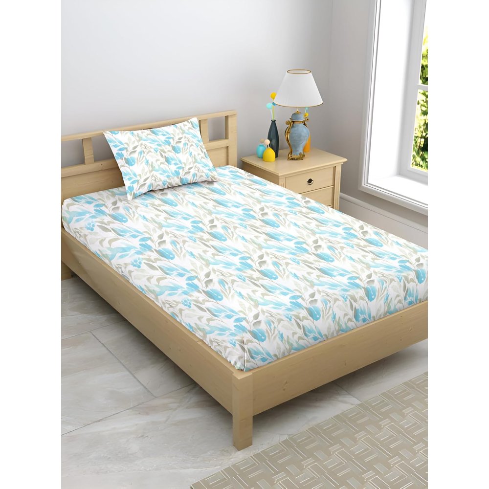 Satin Glory 200 TC pure cotton single bedsheet in blue leaflets print