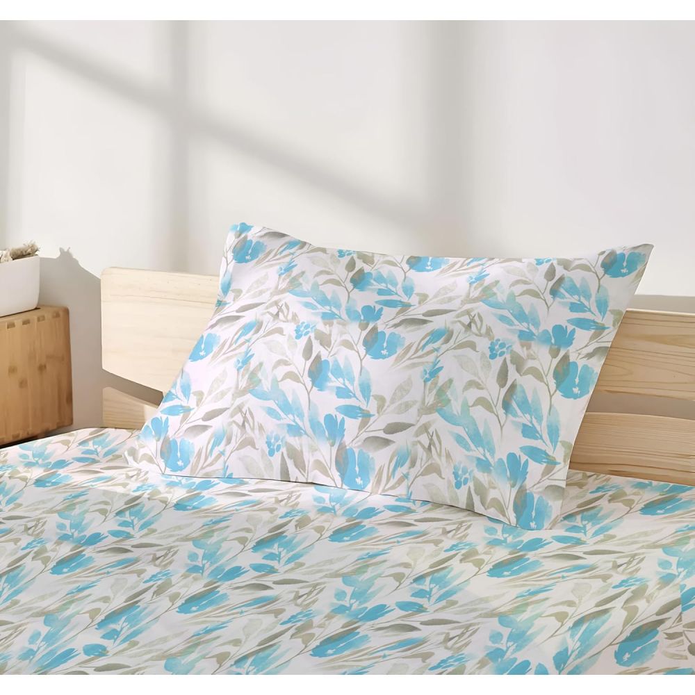 Satin Glory 200 TC Pure Cotton Single Bedsheet  - Blue Leaflets