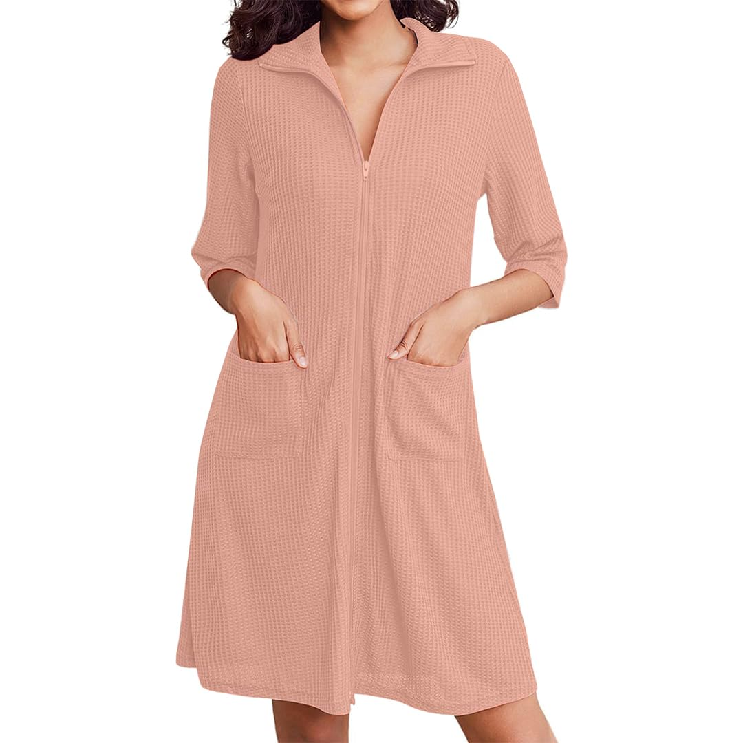 Pure cotton waffle knit zipper bathrobe for women in peach