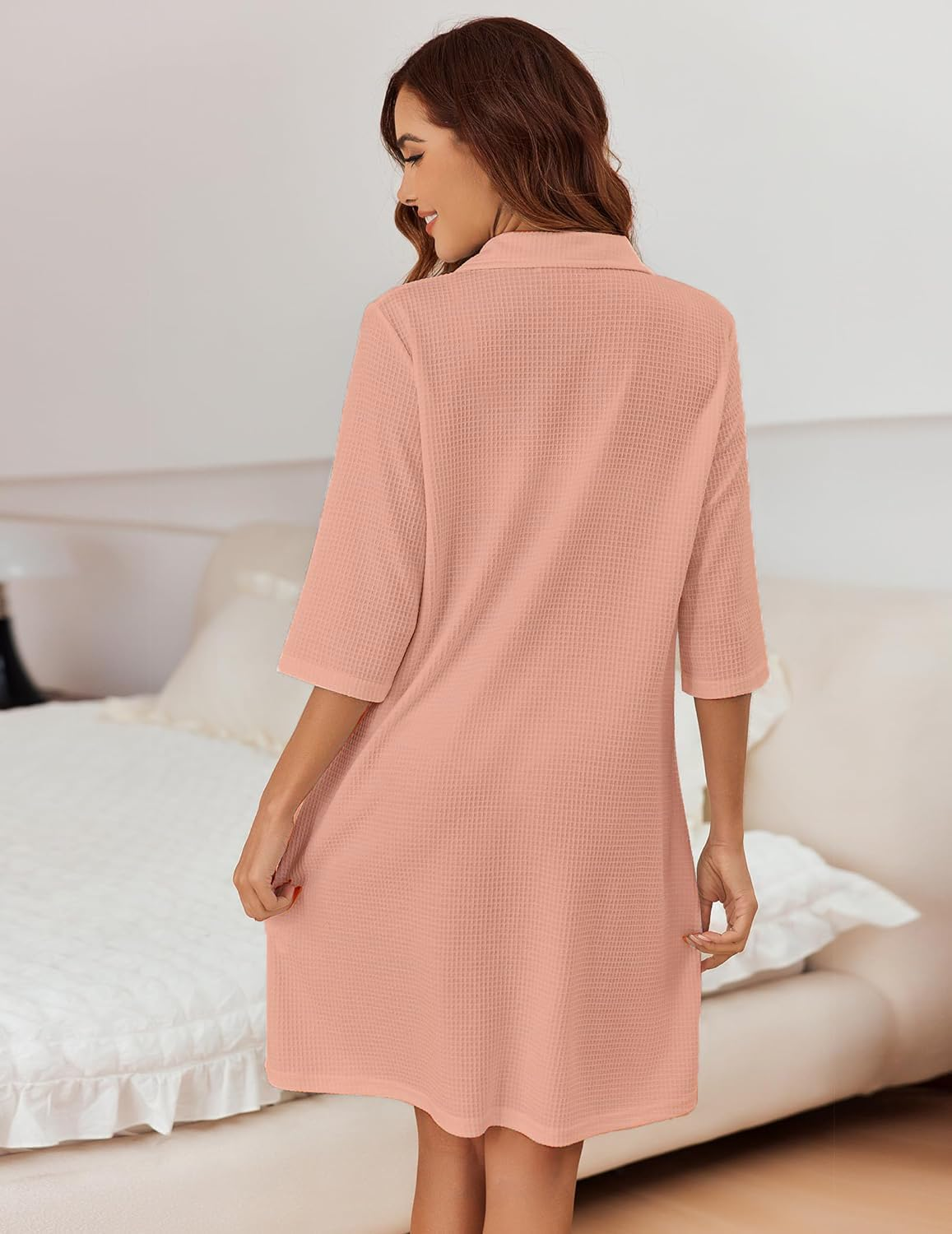 Peach waffle knit zipper bathrobe front view