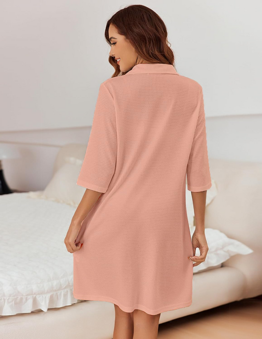Pure Cotton Waffle Knit Zipper Bathrobes for Women - Peach