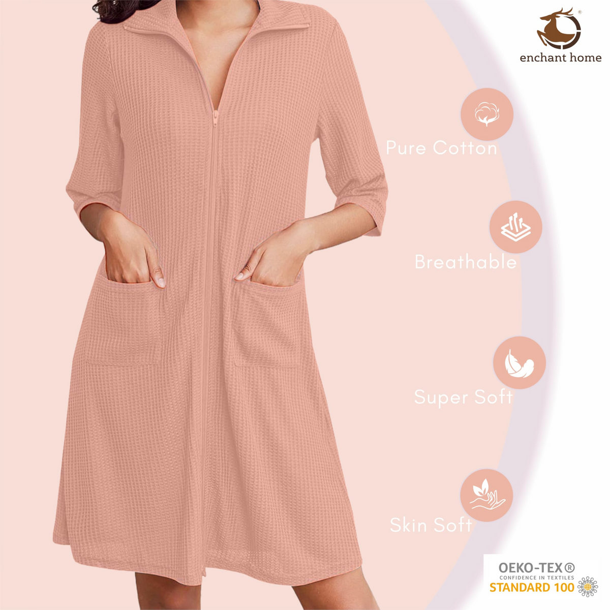 Peach waffle knit zipper bathrobe folded view