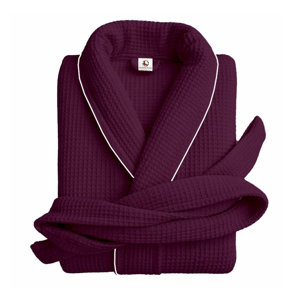 Pure Cotton Waffle Bathrobe With Piping - Wine-Silver