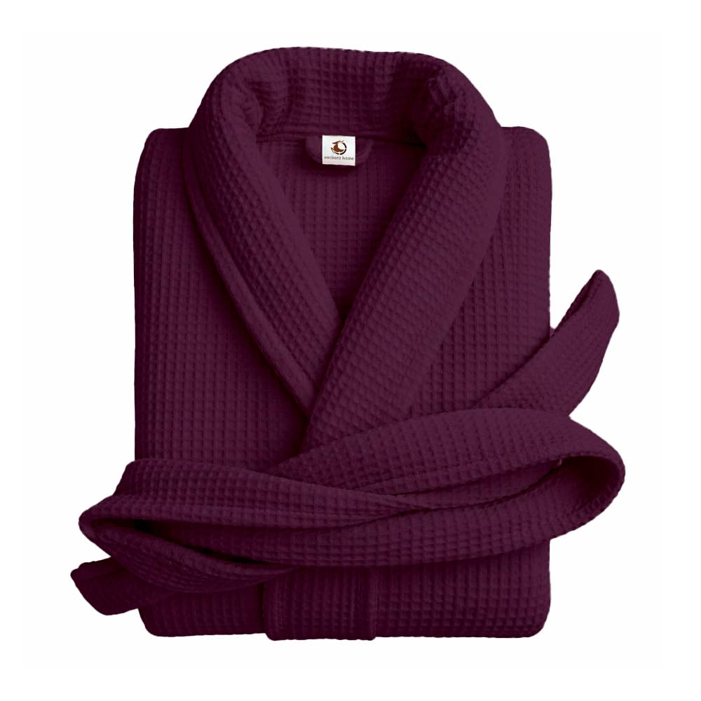 Pure cotton unisex waffle bathrobe in wine with shawl collar