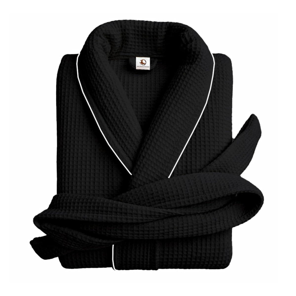 Pure cotton waffle bathrobe with piping in black and silver