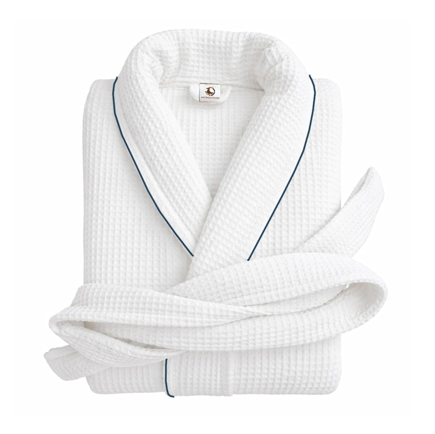 Pure cotton waffle bathrobe with piping in white and navy