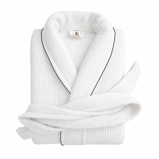 Pure Cotton Waffle Bathrobe With Piping - White-Navy