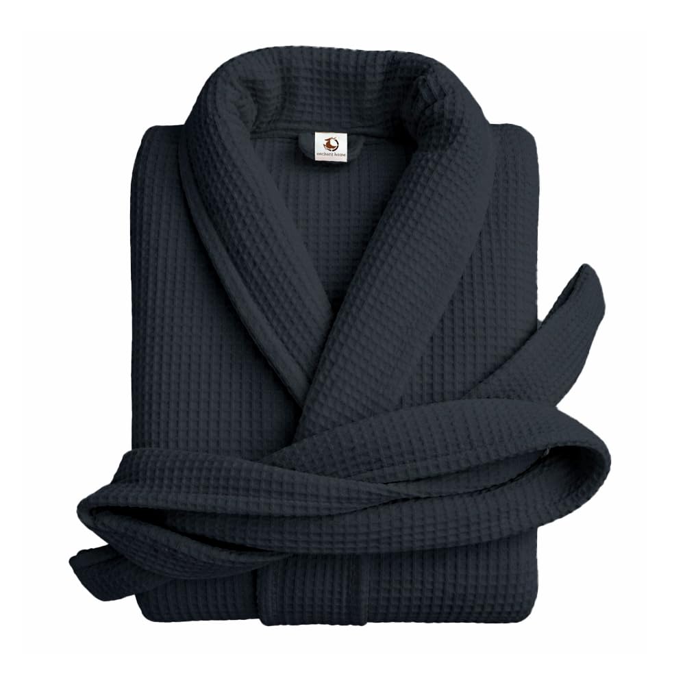Pure cotton unisex waffle bathrobe in charcoal with shawl collar