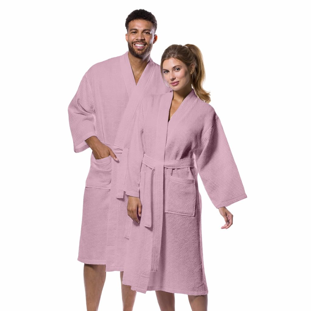 Pink cotton waffle bathrobe front view with belt