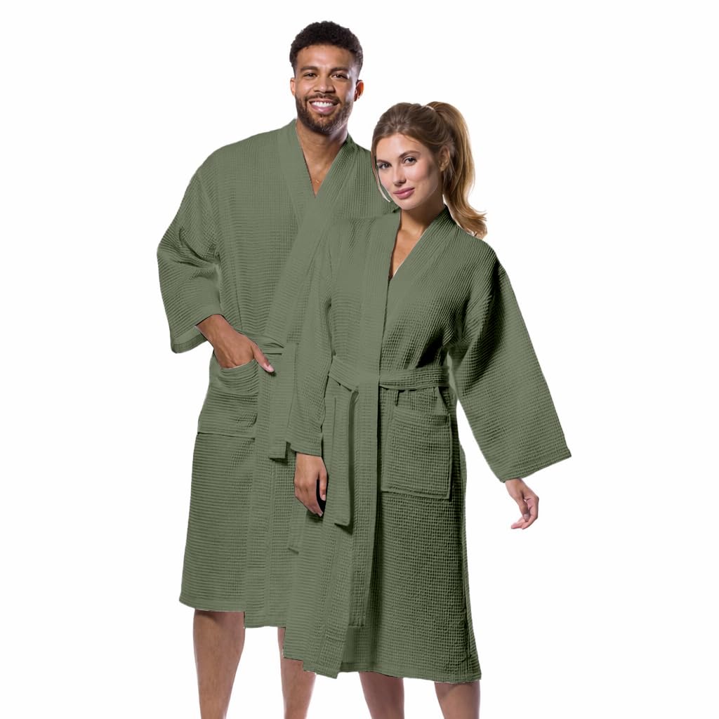 Sage green cotton waffle bathrobe front view with belt