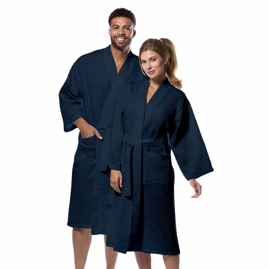Pure Cotton Unisex Waffle Bath Robe - Navy Blue