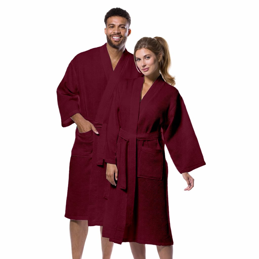 Maroon cotton waffle bathrobe front view with belt