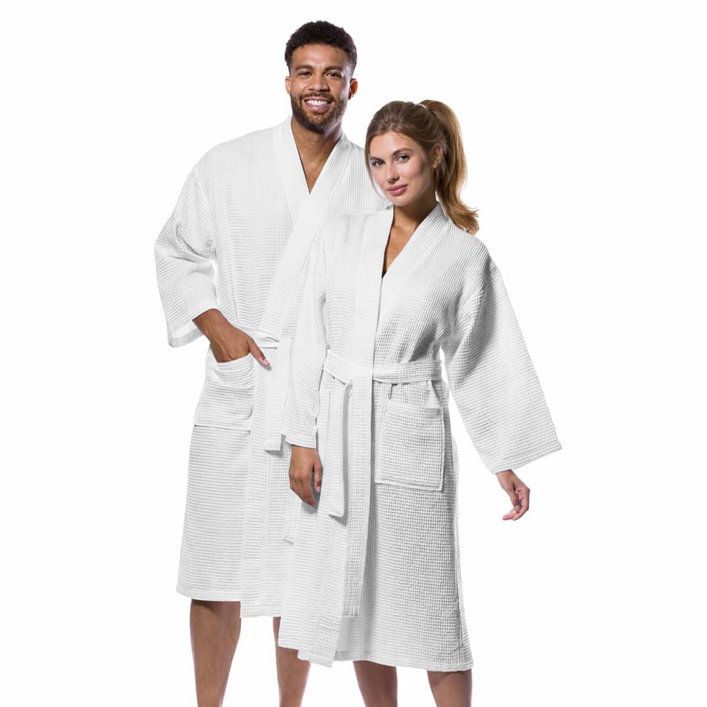 Pure Cotton Unisex Waffle Bath Robe - White