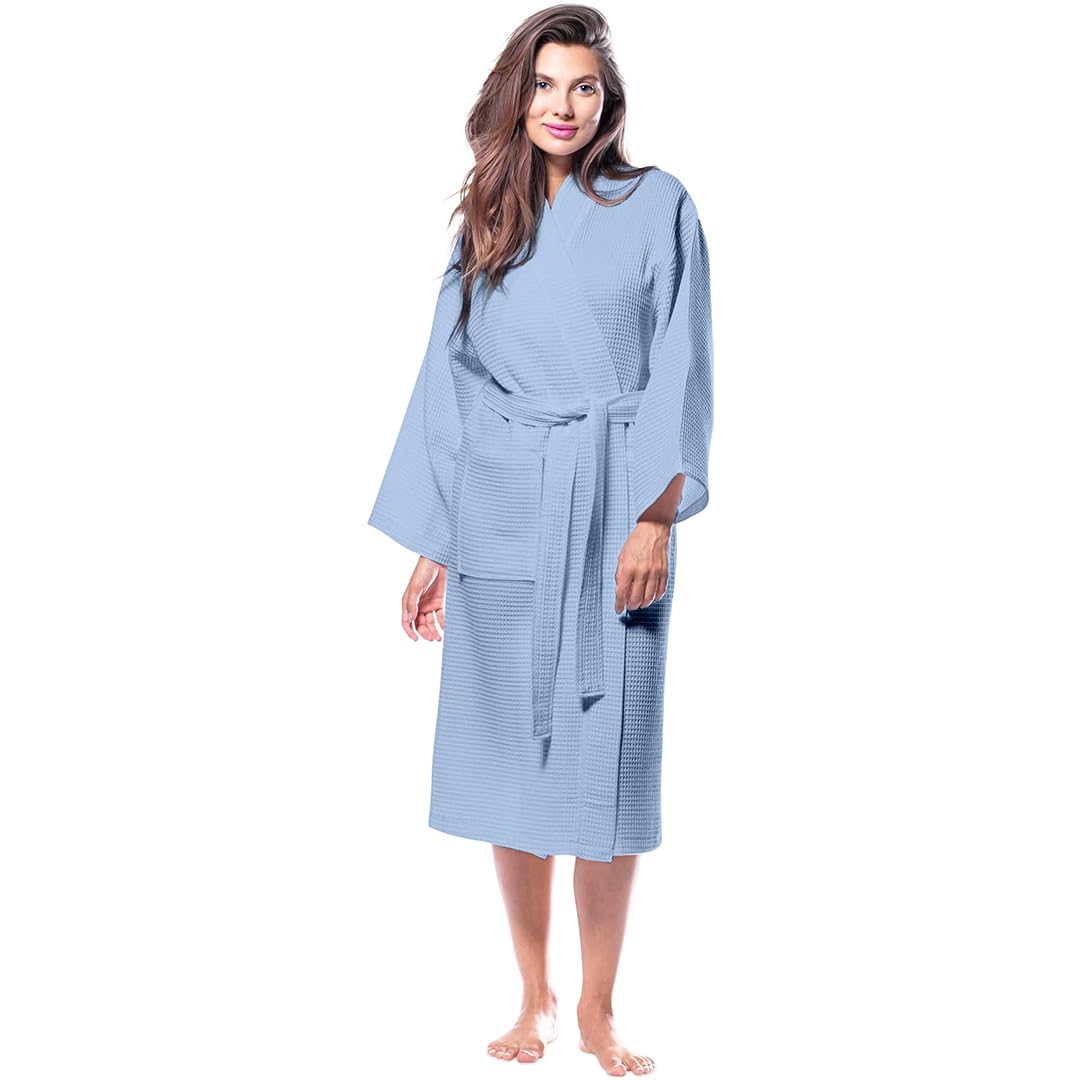 Pure Cotton Unisex Waffle Bath Robe - Sky Blue
