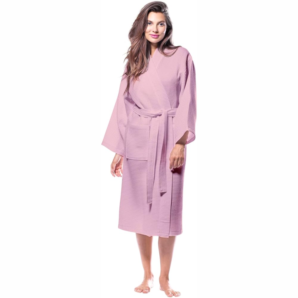 Pink cotton waffle bathrobe back view
