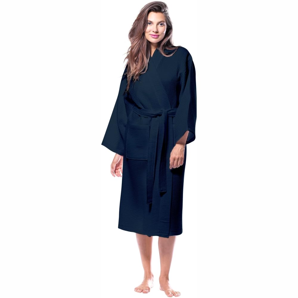 Navy blue cotton waffle bathrobe back view