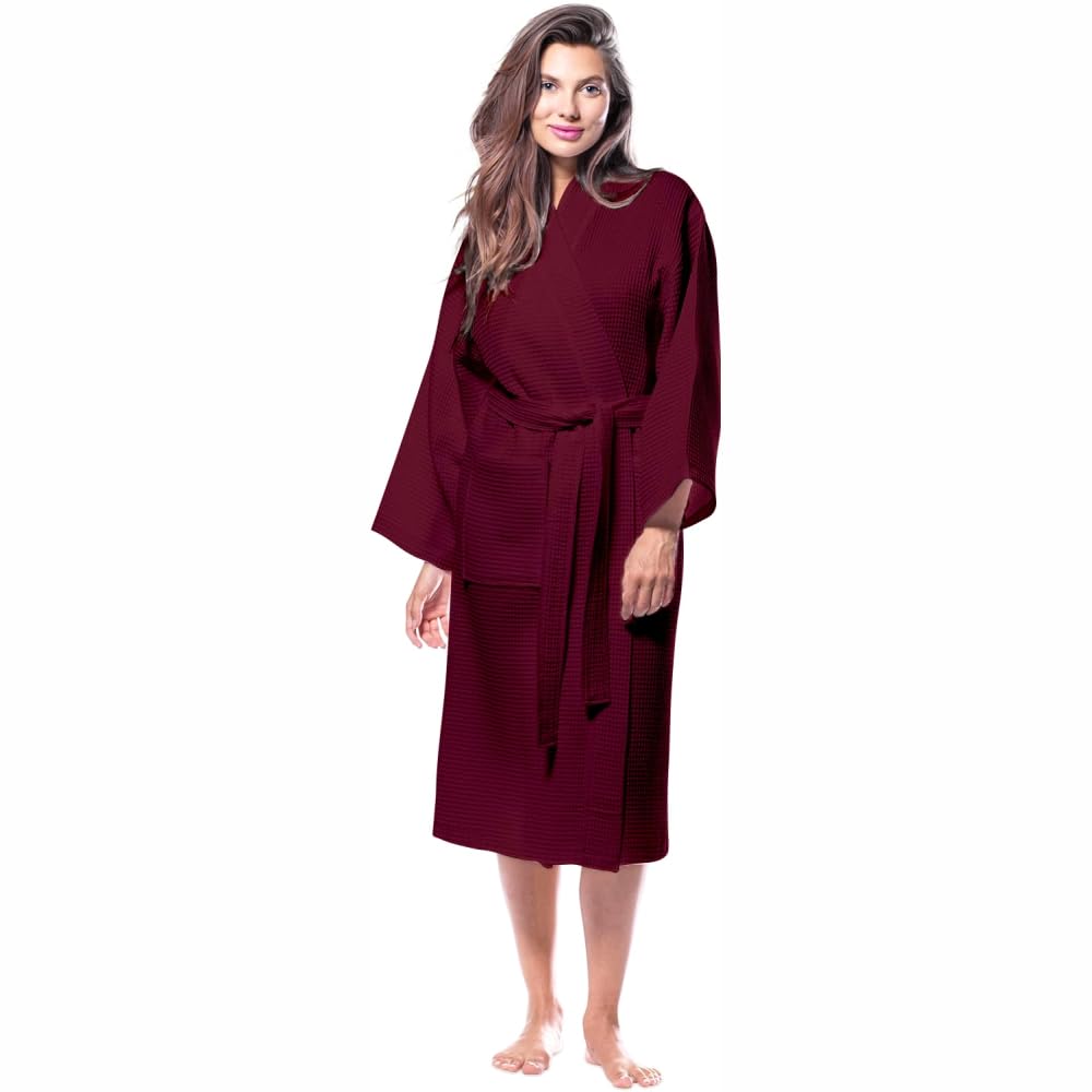 Maroon cotton waffle bathrobe back view