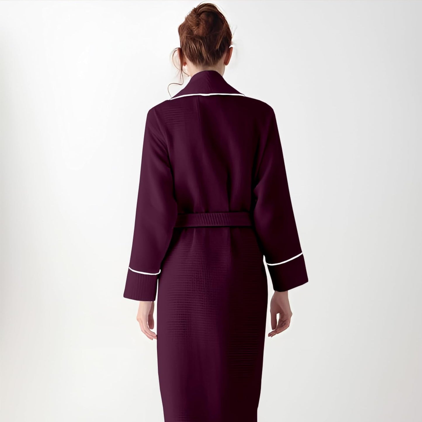 Pure Cotton Waffle Bathrobe With Piping - Wine-Silver