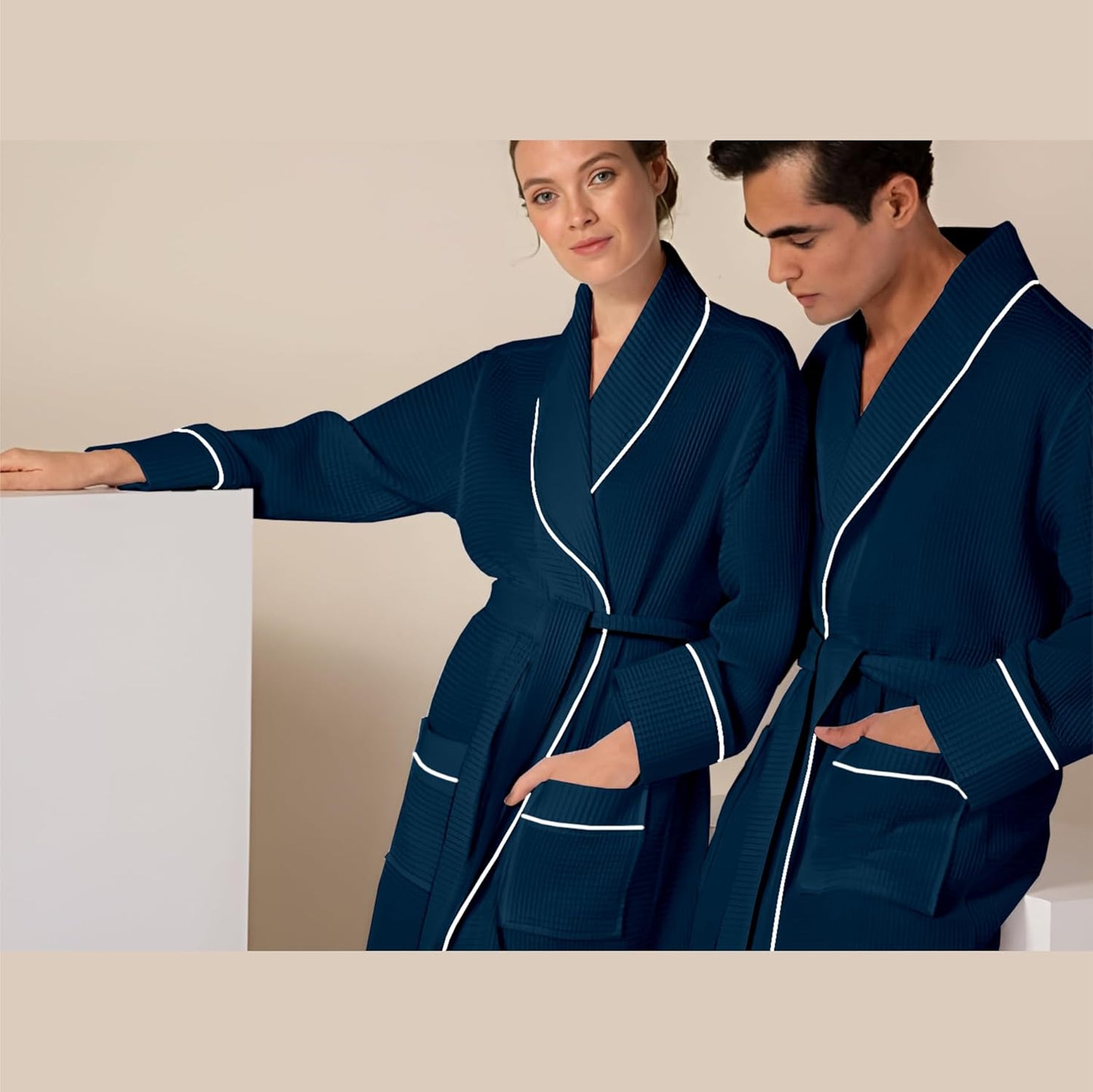Navy-silver piped waffle bathrobe pocket detail