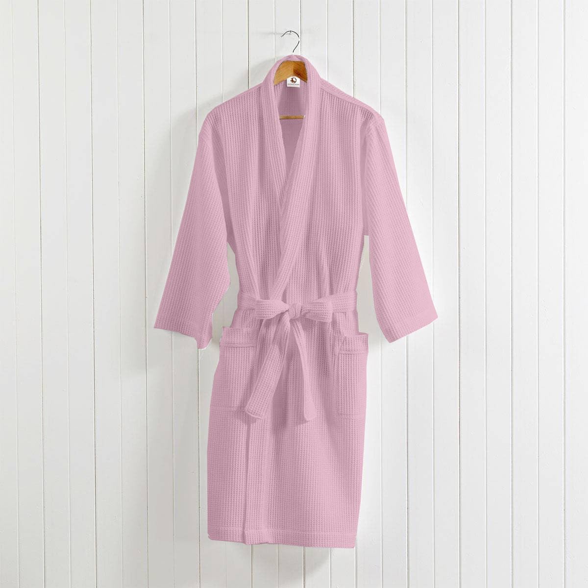 Pink cotton waffle bathrobe worn indoors – view 5
