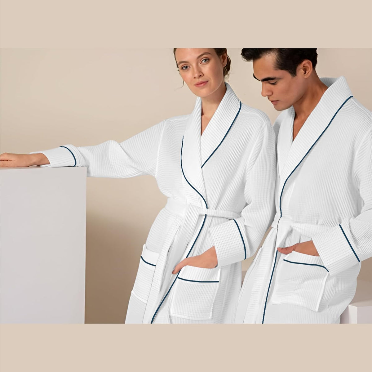 Pure Cotton Waffle Bathrobe With Piping - White-Navy