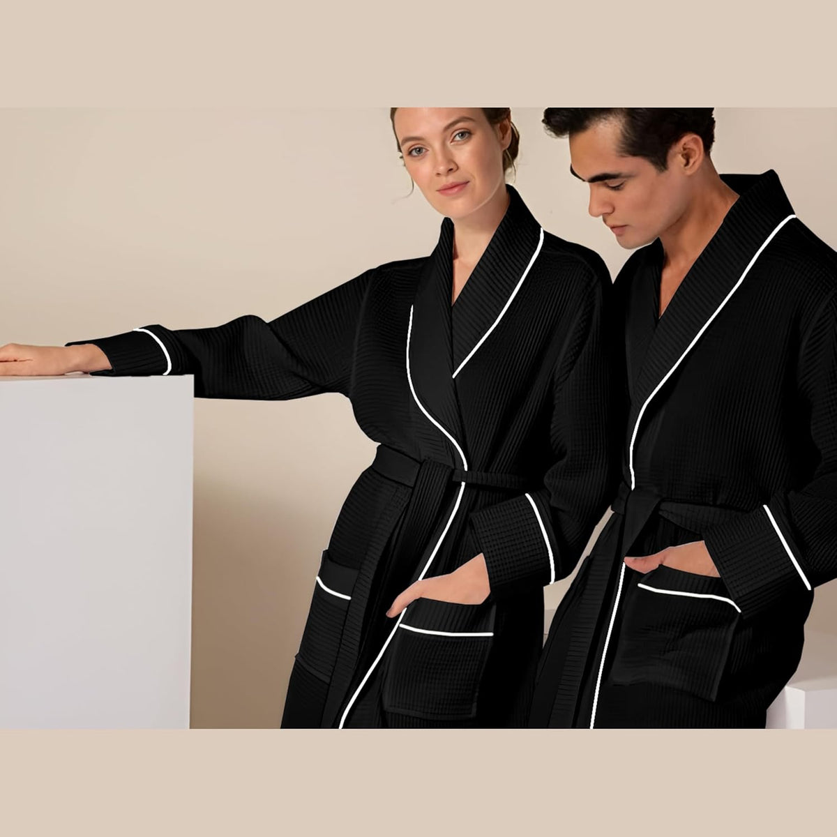 Pure Cotton Waffle Bathrobe With Piping - Black-Silver