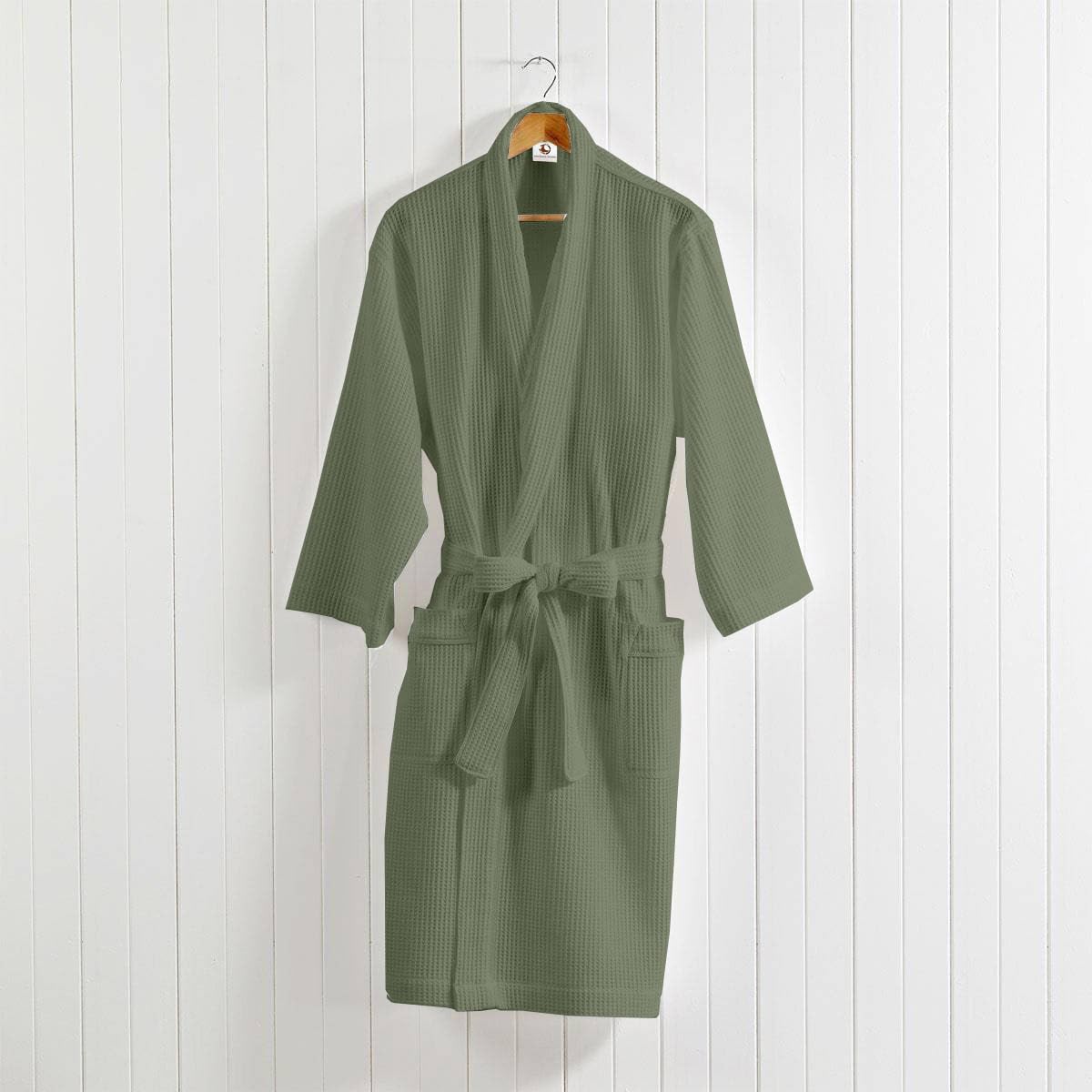 Sage green cotton waffle bathrobe worn indoors – view 5