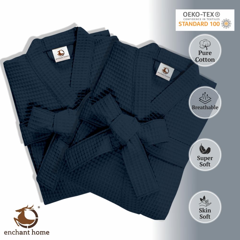 Navy blue cotton waffle bathrobe folded view