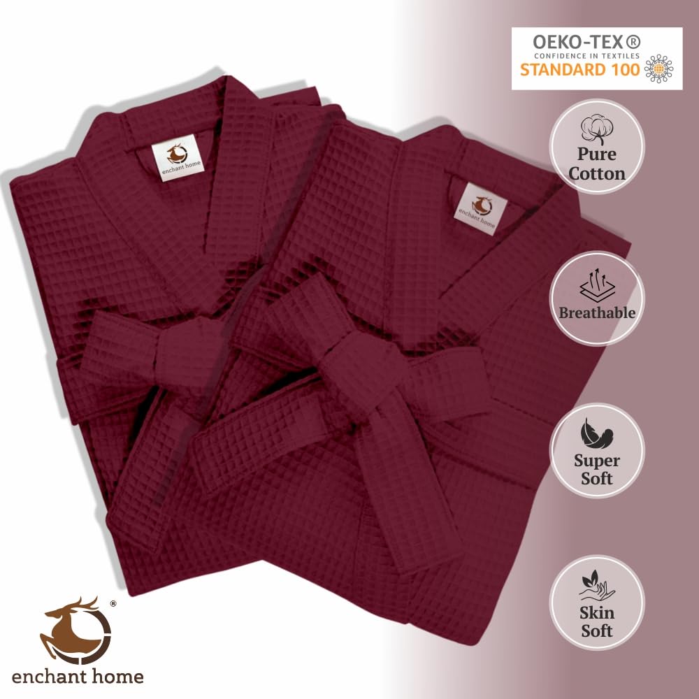 Maroon cotton waffle bathrobe folded view