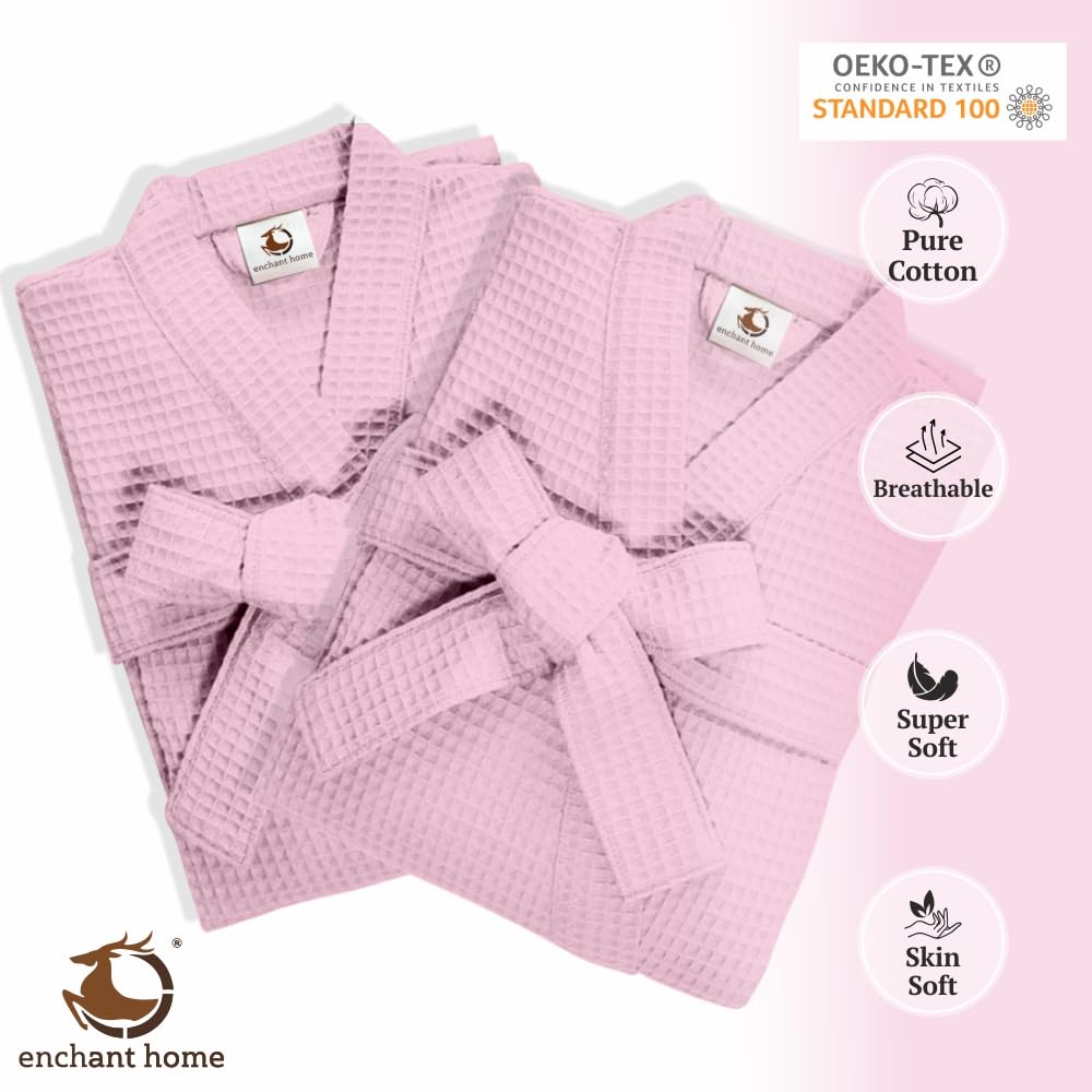 Pink cotton waffle bathrobe folded view
