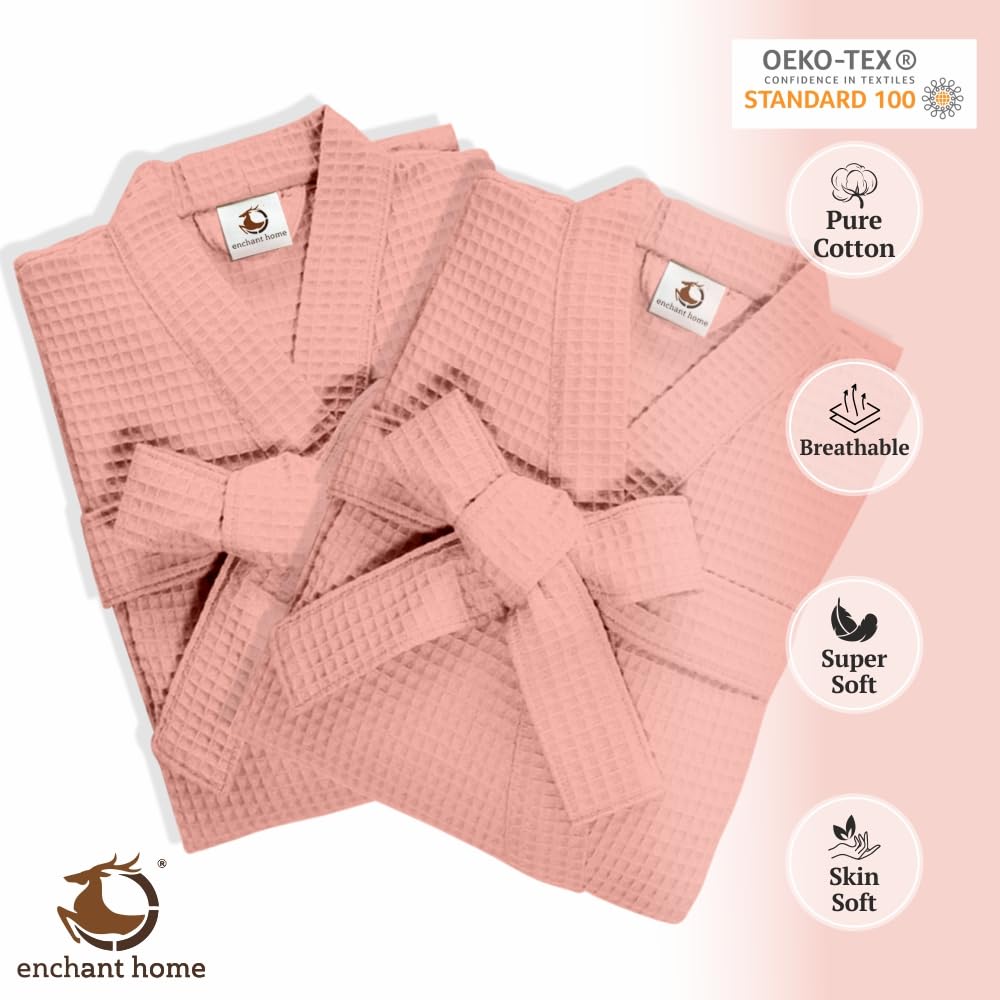 Pure Cotton Unisex Waffle Bath Robe - Peach
