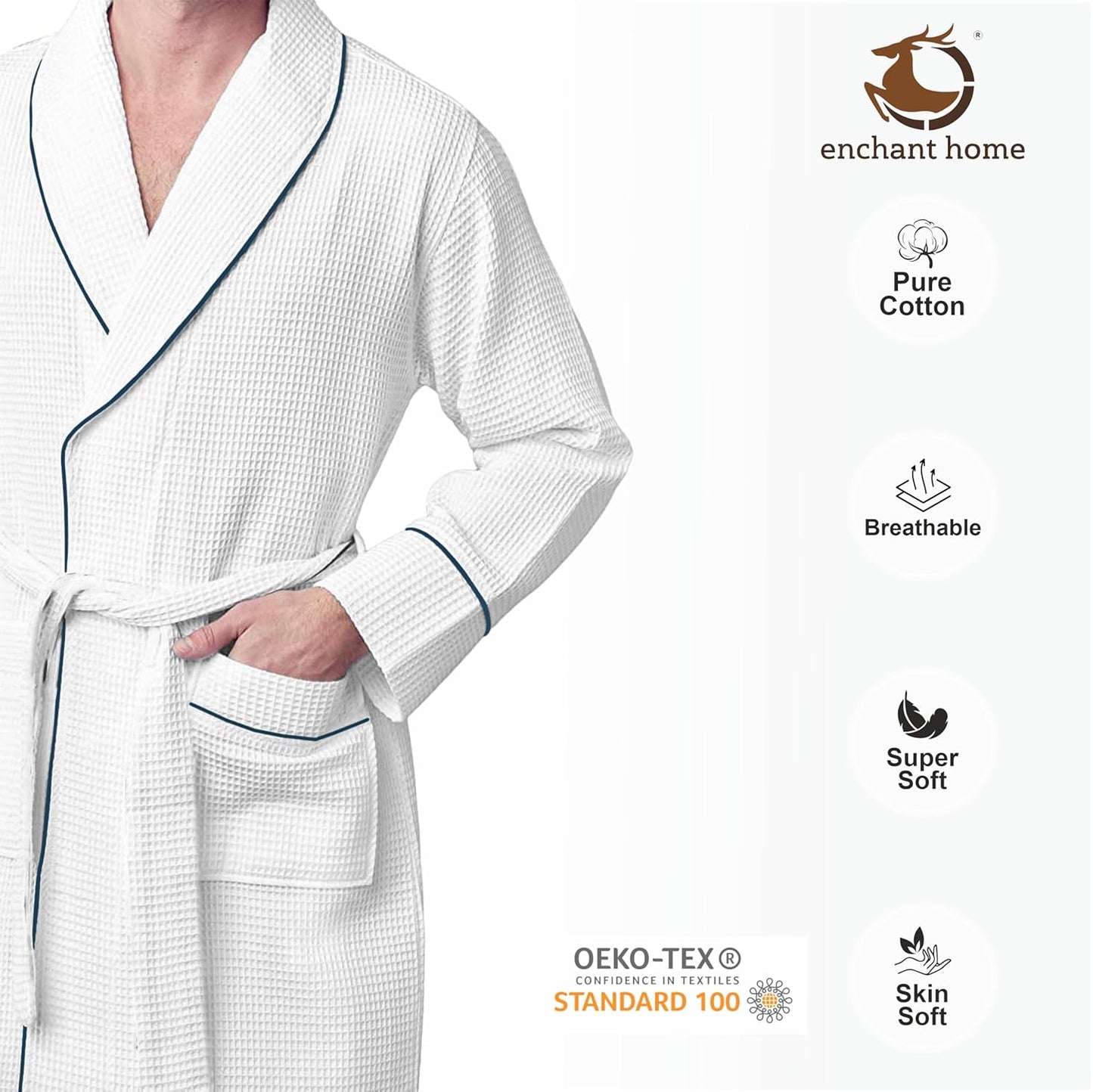 Pure Cotton Waffle Bathrobe With Piping - White-Navy